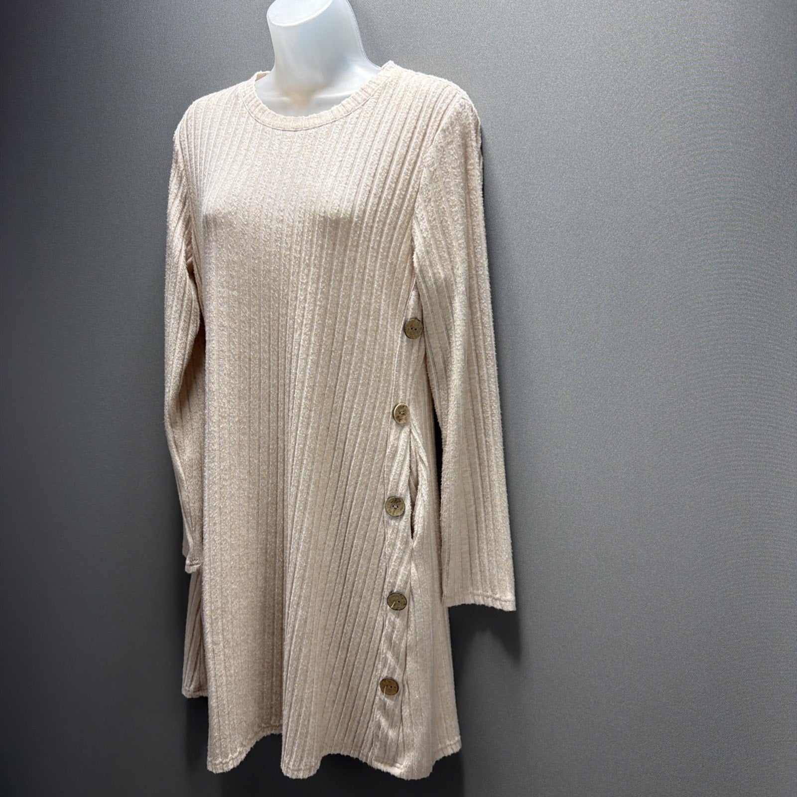 OFEEFAN Women’s Long Sleeve Ribbed Tunic Dress Side Buttons Soft Size Medium
