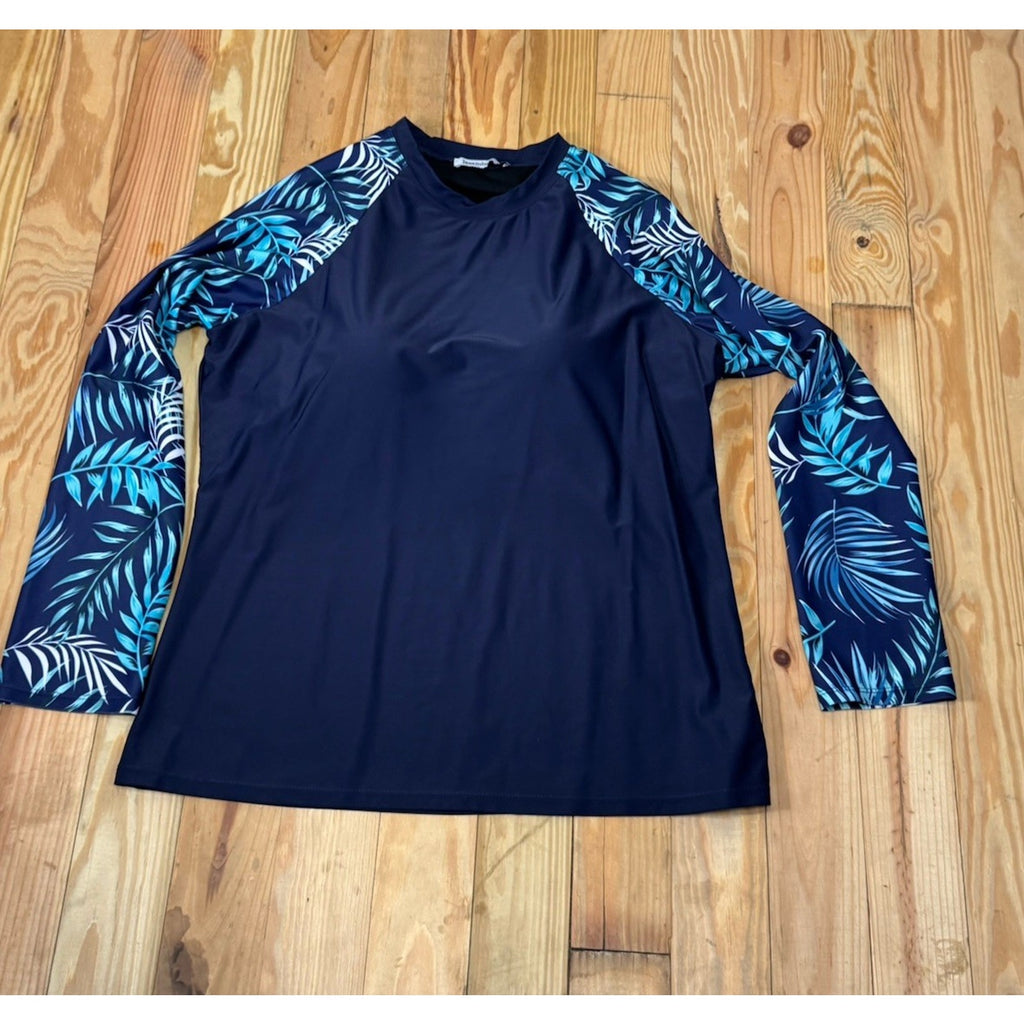 Jasambac Women's 2XL Long Sleeve Floral Tropical Full Zip Swim Top Navy Blue