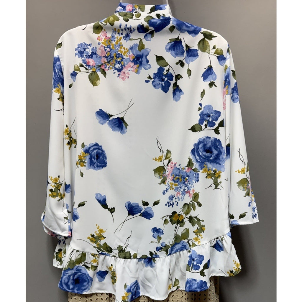 Les Amis Women’s Large Floral Kimono Cardigan White Blue Roses Peplum Ruffle USA