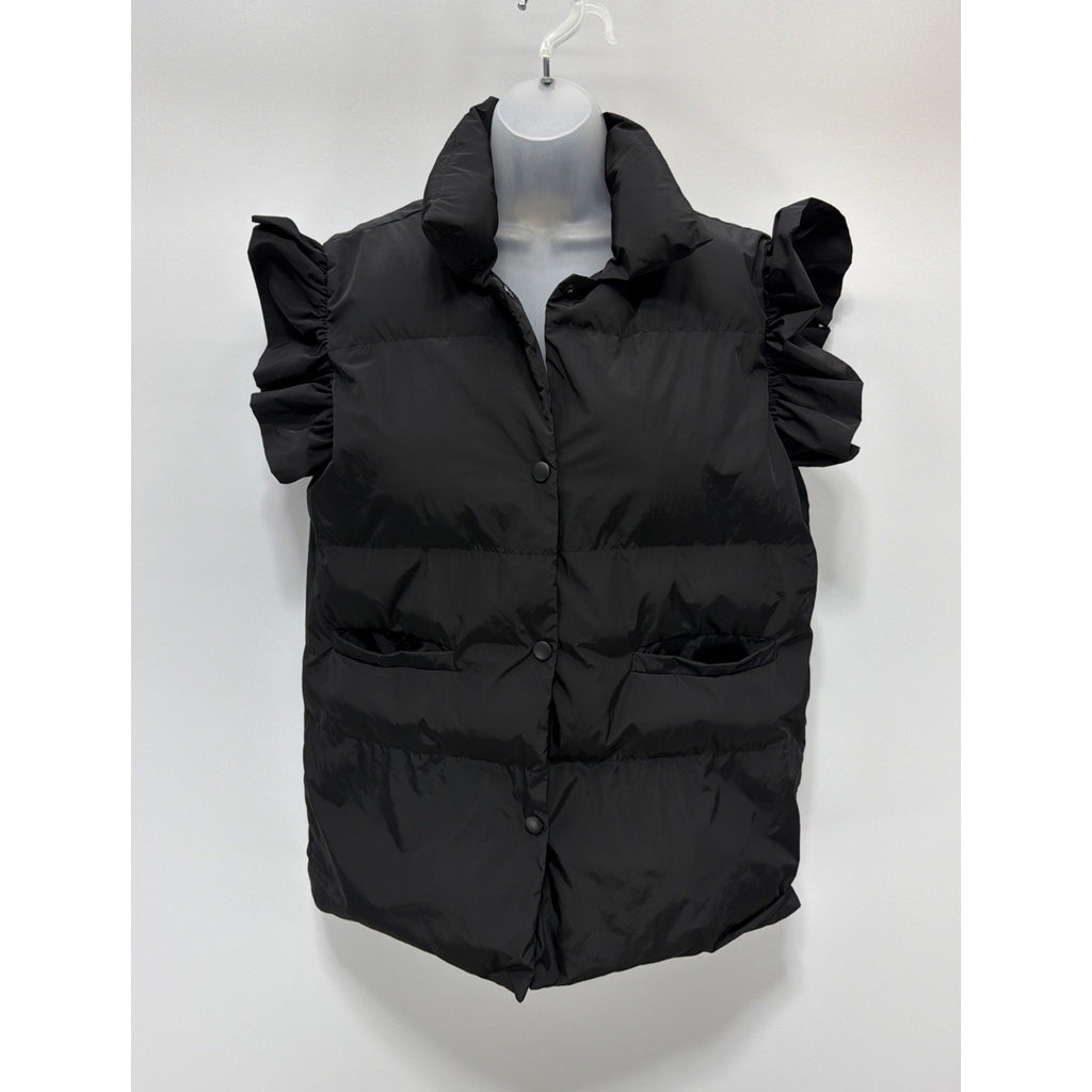Bucket List Down Black Ruffle Sleeve Puffer Vest Collared Sleeveless Jacket XL