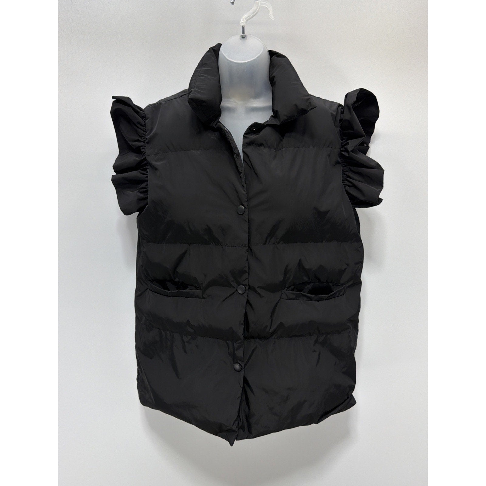 Bucket List Down Black Ruffle Sleeve Puffer Vest Collared Sleeveless Jacket XL