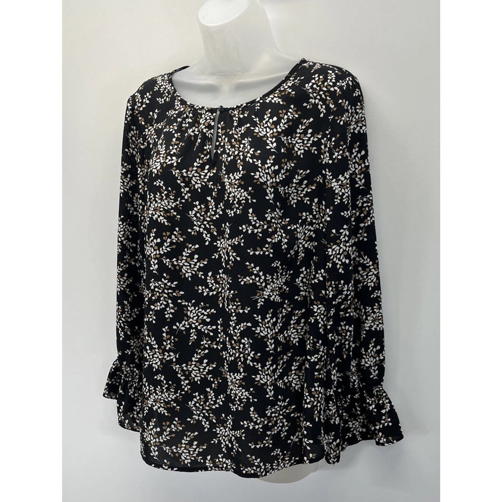 Talbots Keyhole Flowy Tunic Top Women's LP Petite Black Tan Floral Long Sleeve