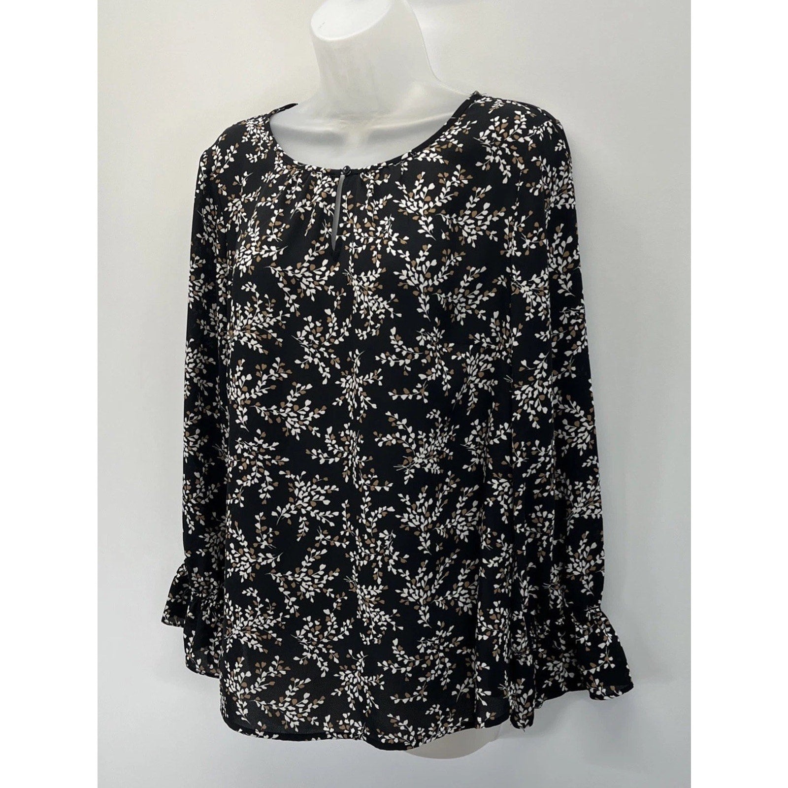 Talbots Keyhole Flowy Tunic Top Women's LP Petite Black Tan Floral Long Sleeve