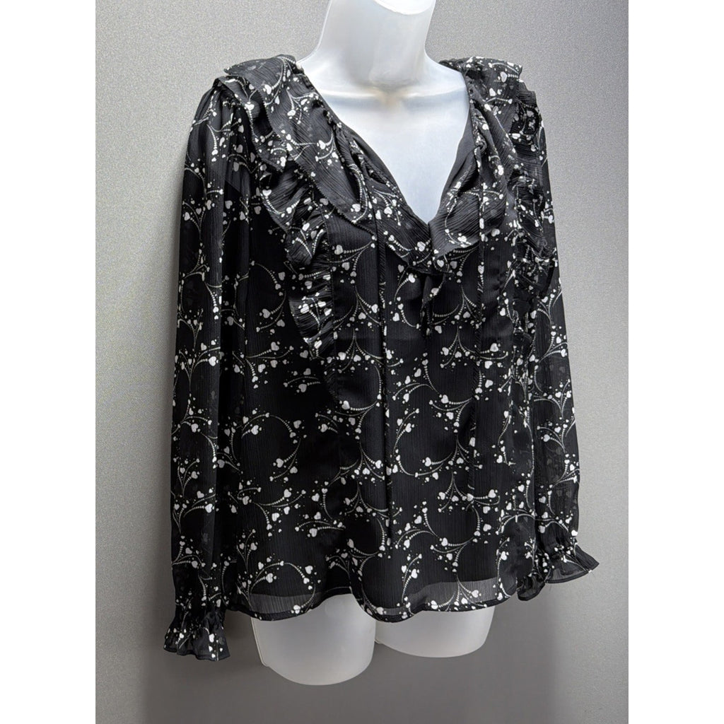 Ann Taylor Loft Blouse Womens Small Lined Long Sleeve Black Floral Ruffle BOHO