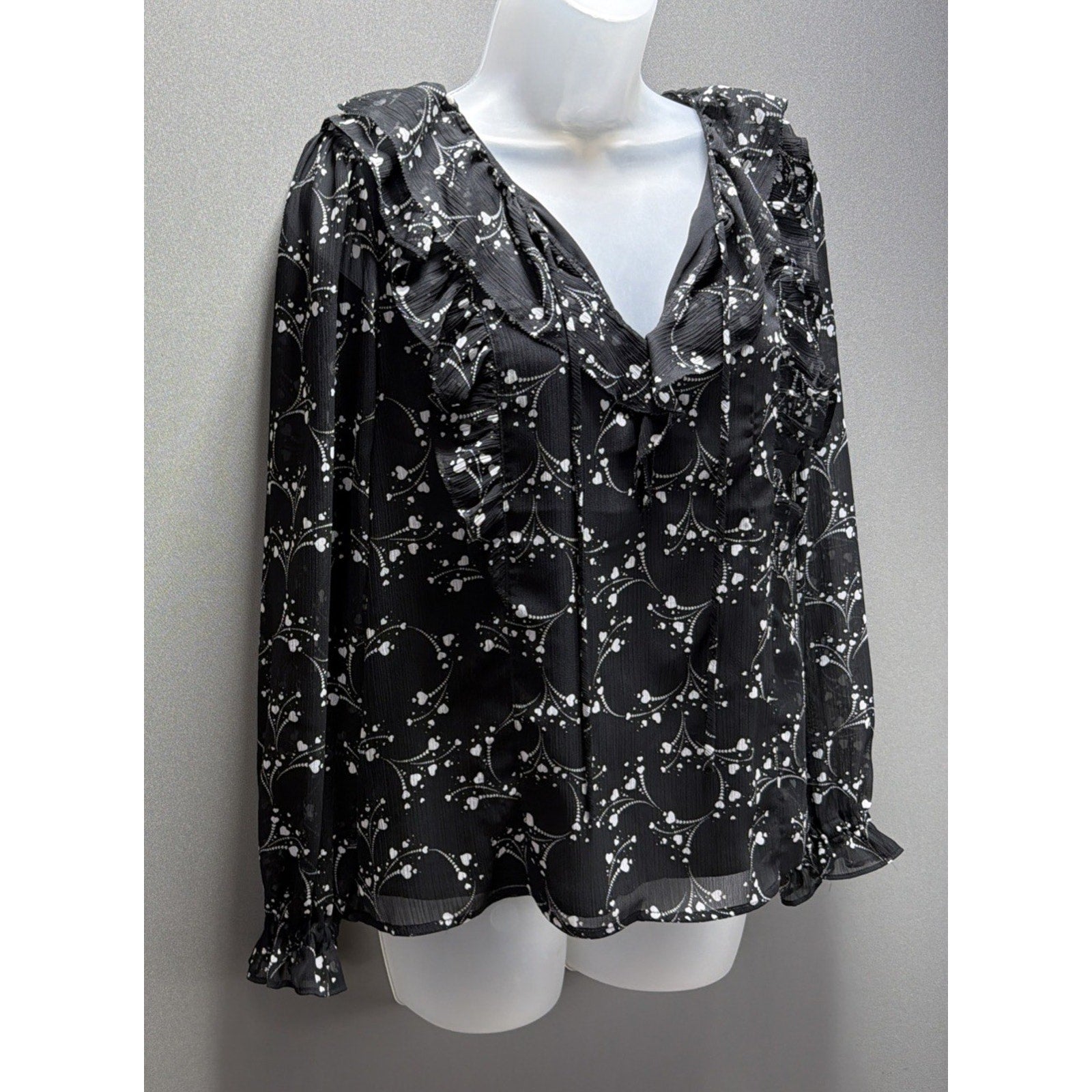 Ann Taylor Loft Blouse Womens Small Lined Long Sleeve Black Floral Ruffle BOHO