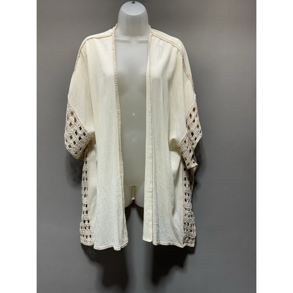 Krazy Kat Lace Kimono Cardigan XXL Beige Boho Open Front Crochet Trim Light New