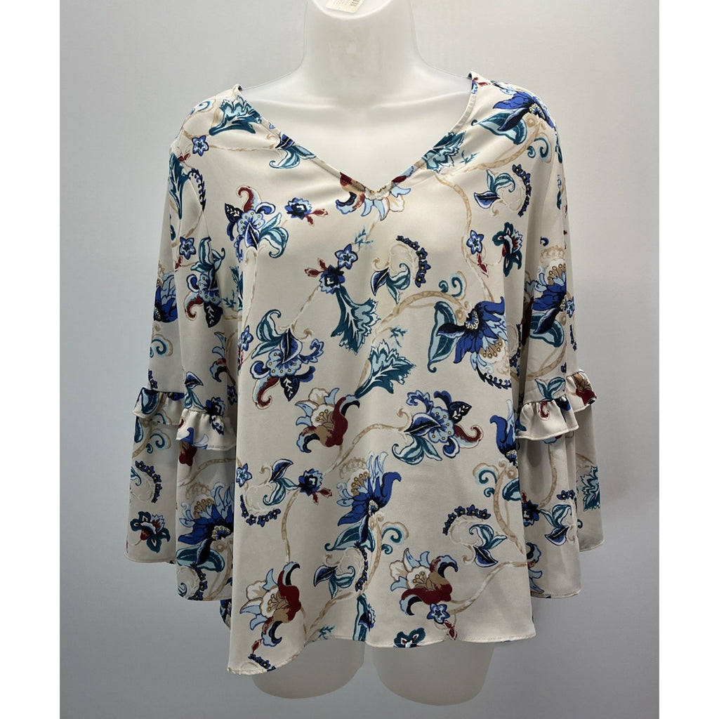 White House Black Market blouse floral print bell sleeves V-neckline Sz M