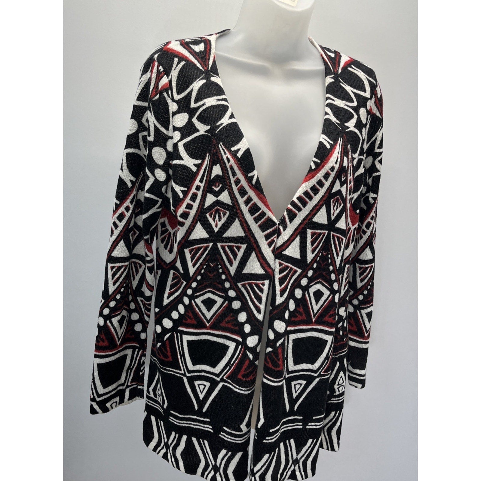 Chico's Linen Blend Cardigan Womens Size 0 Black Red Open Front Sweater