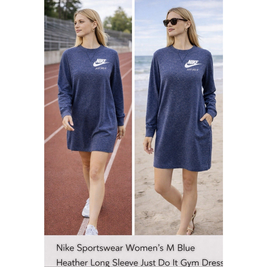 Nike Sportswear Dress Women’s Medium Blue Heather Long Sleeve Just Do It Logo