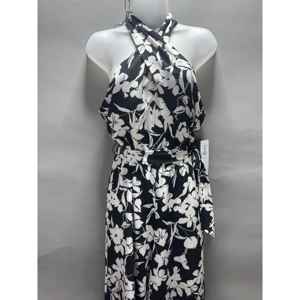 NWT London Times Size 10 Black White Floral Halter Wide Leg Jumpsuit Belted