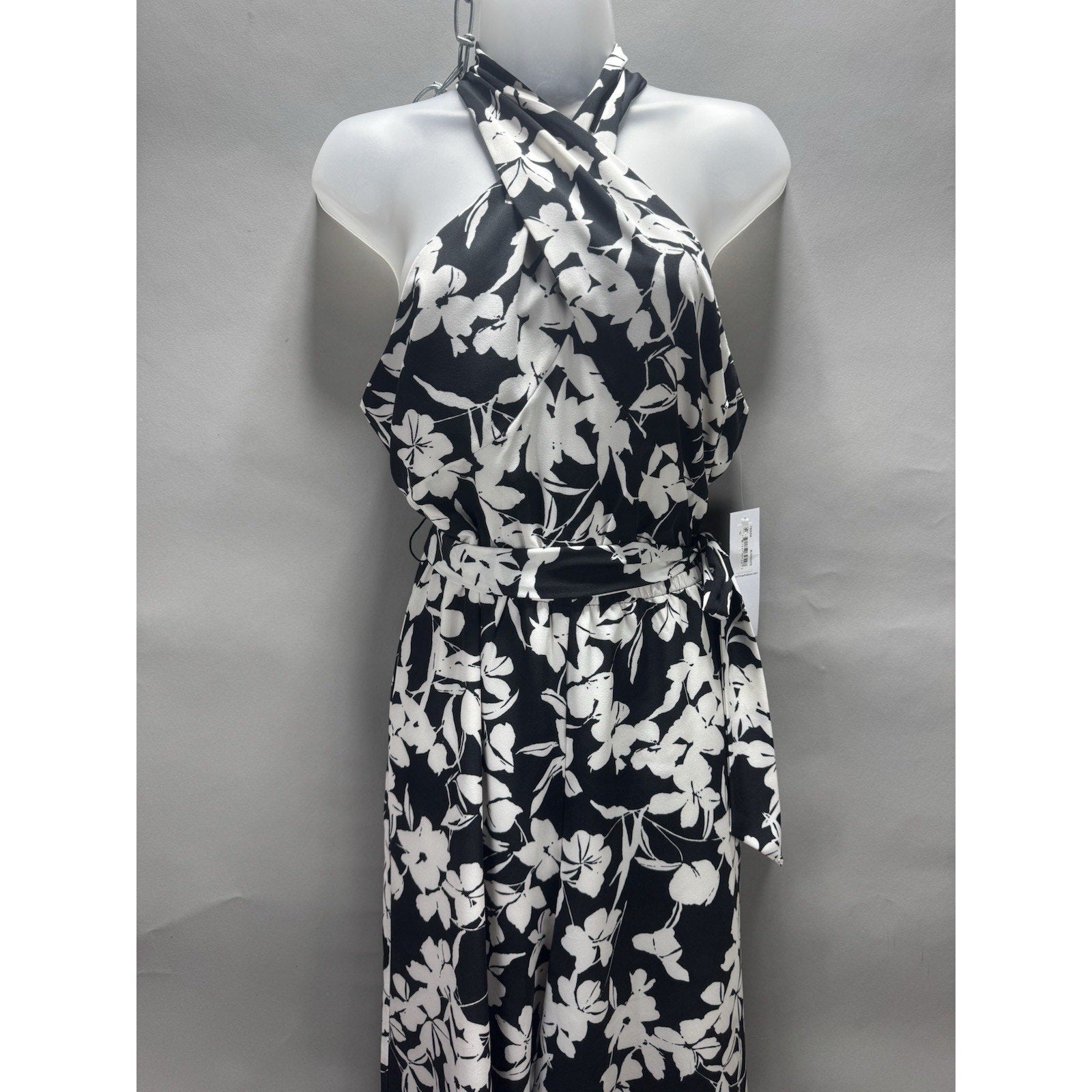 NWT London Times Size 10 Black White Floral Halter Wide Leg Jumpsuit Belted