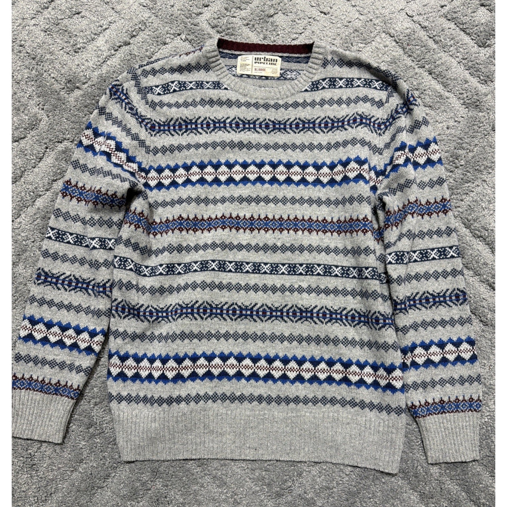 Urban Pipeline Sweater Mens XL Gray Fair Isle Nordic Wool Blend Knit Pullover