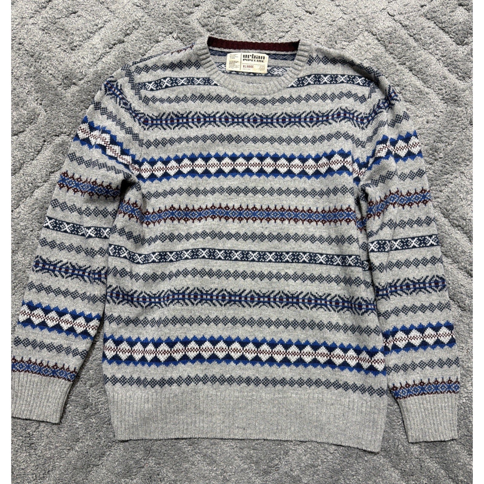 Urban Pipeline Sweater Mens XL Gray Fair Isle Nordic Wool Blend Knit Pullover