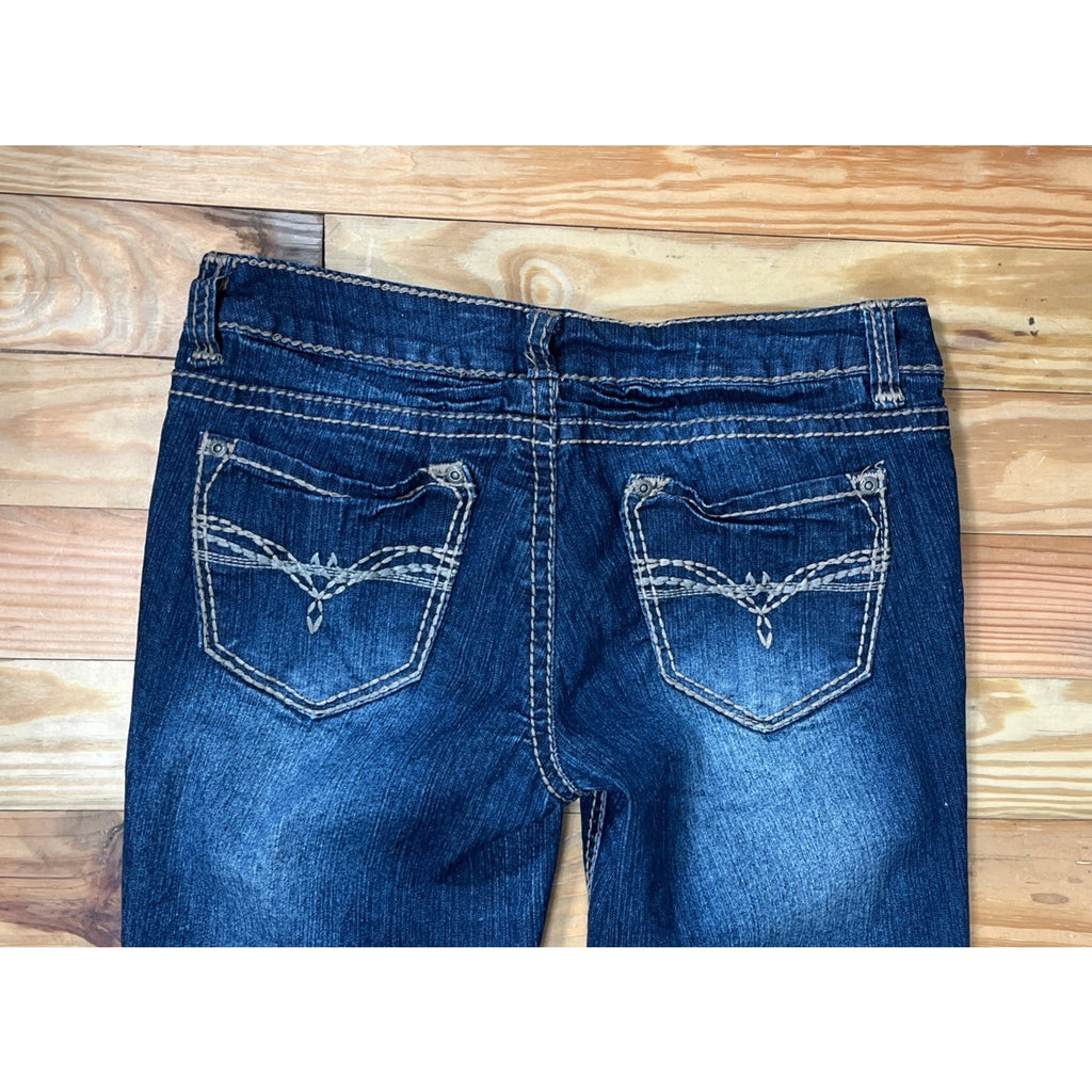 Bongo Jeans Women's 9 Flirty Bootcut Leg Stretch Whiskering Crinkle Wrinkle Dark