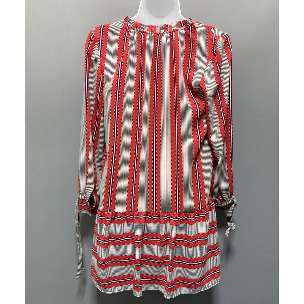 Ann Taylor Loft Red Striped Flounce Hem Shift Shirt Dress Sz XS Petite Tie Cuff