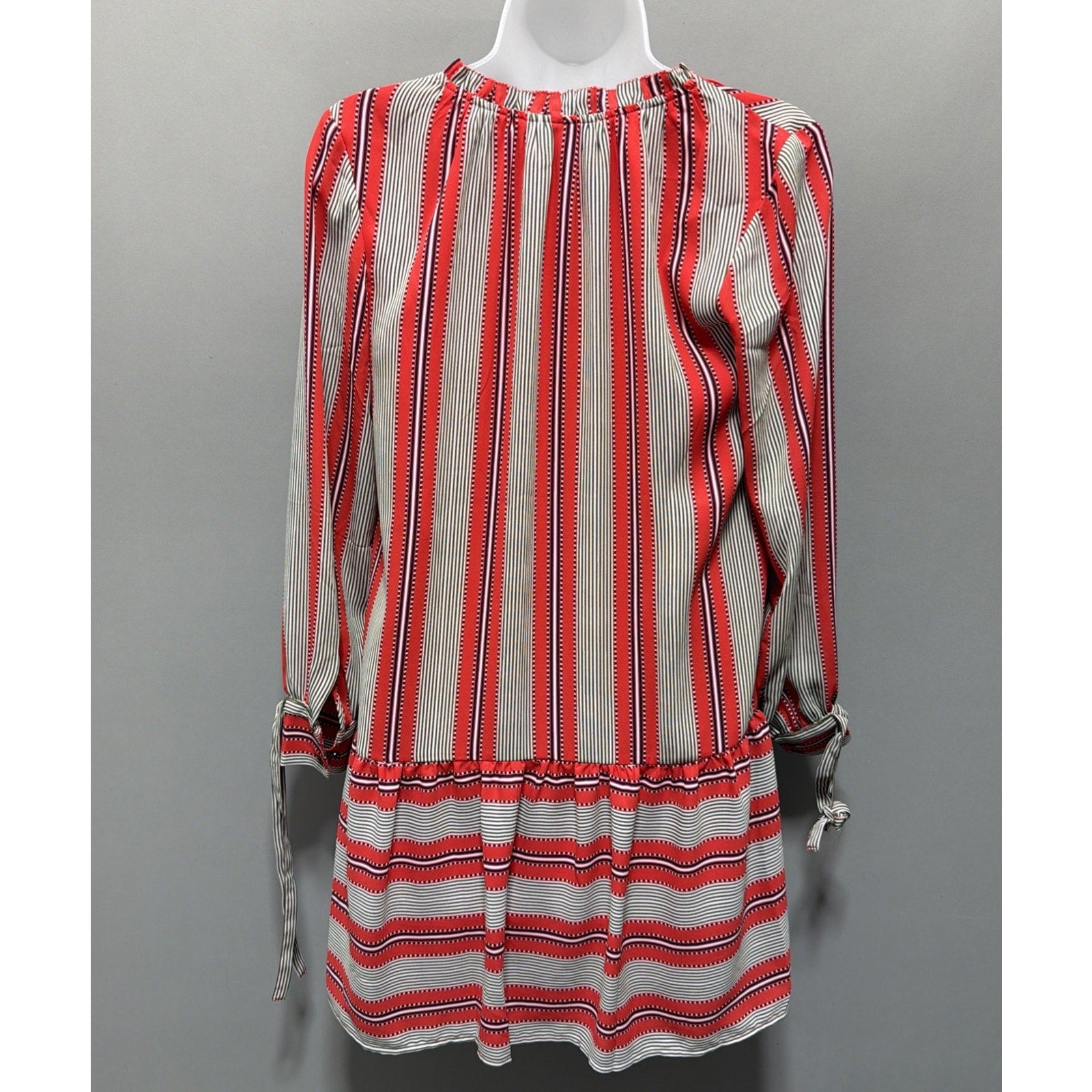 Ann Taylor Loft Red Striped Flounce Hem Shift Shirt Dress Sz XS Petite Tie Cuff