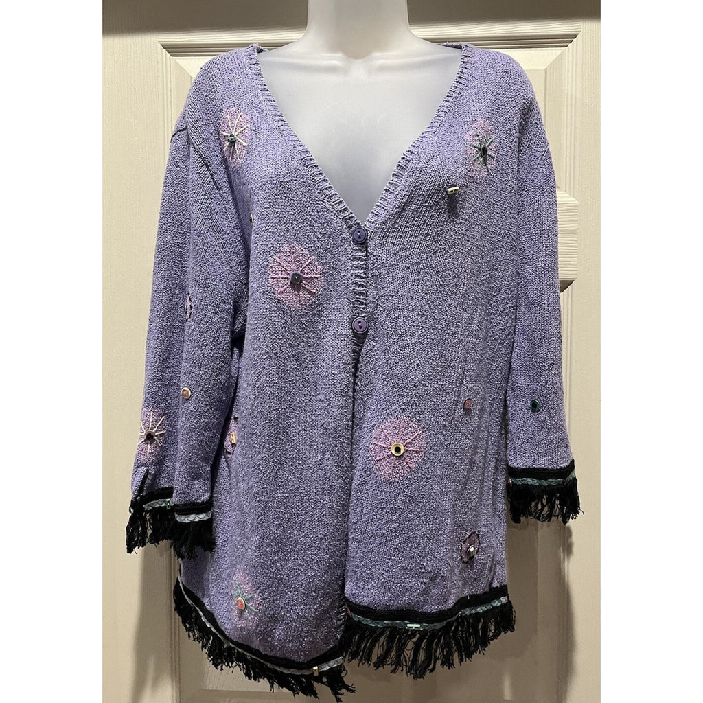 Ann Trinity Women's Embroidery Beaded Cardigan Sweater XL Purple Blue Floral