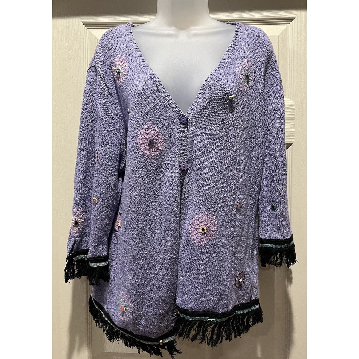 Ann Trinity Women's Embroidery Beaded Cardigan Sweater XL Purple Blue Floral