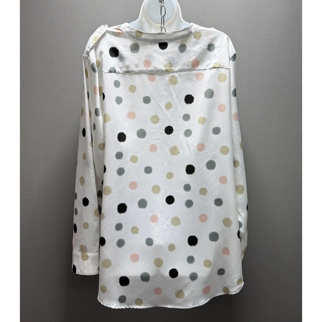 Calvin Klein White Multi Polka Dot LS Blouse Split V-Neck Plus Size 1X