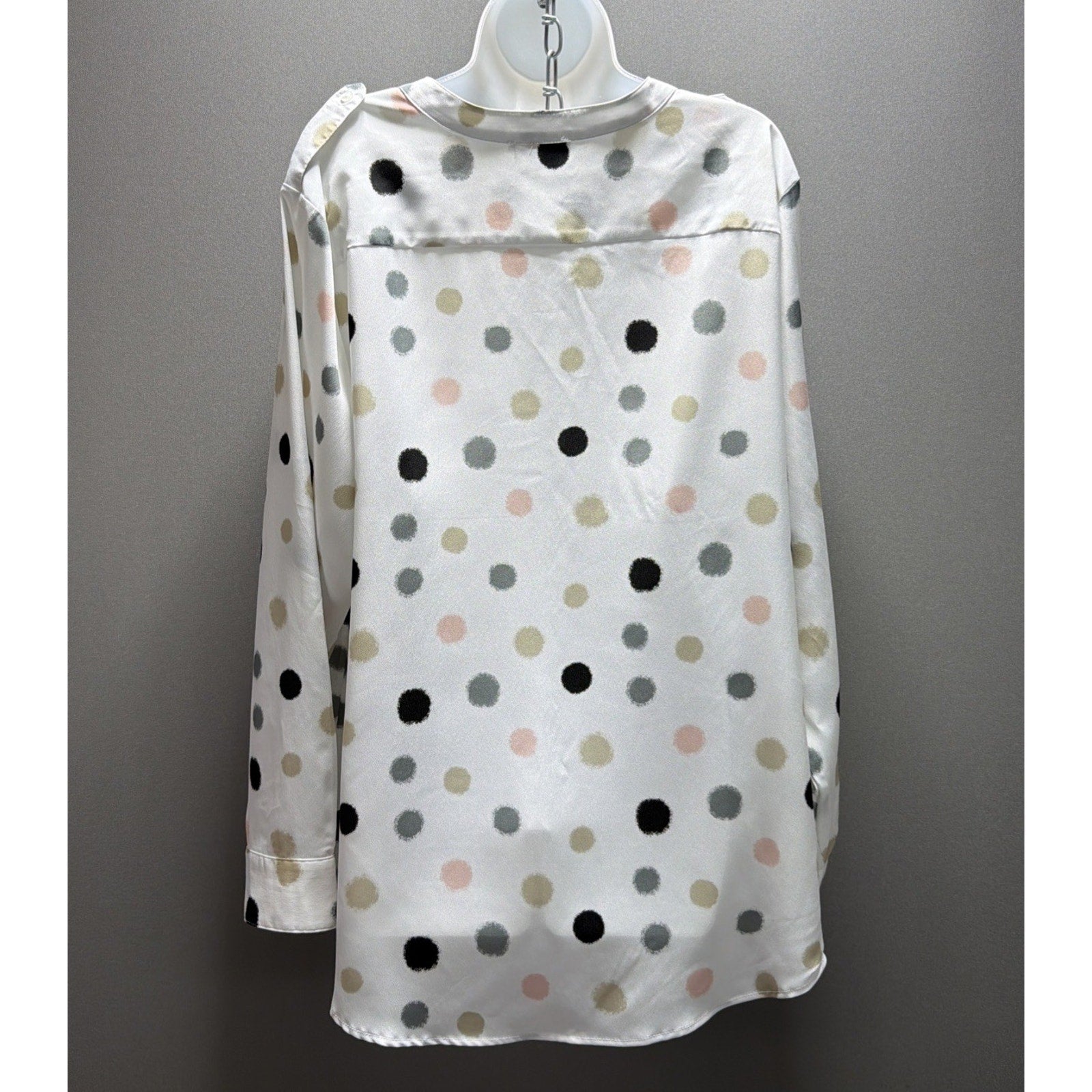 Calvin Klein White Multi Polka Dot LS Blouse Split V-Neck Plus Size 1X
