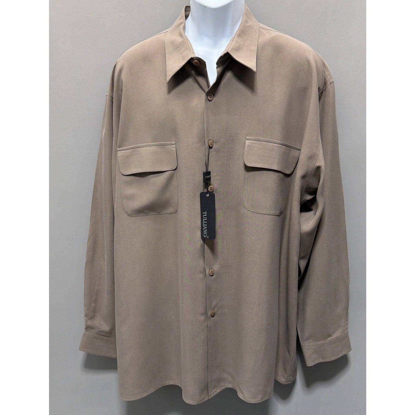 Tulliano 100% Silk Taupe Button Front Shirt Menswear 2XL Luxury Pocket NWT