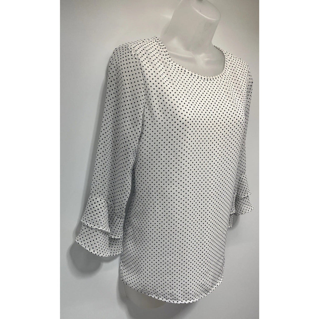 Valerie Stevens Womens White/Blue Polka Dots Lined Blouse Top Size S