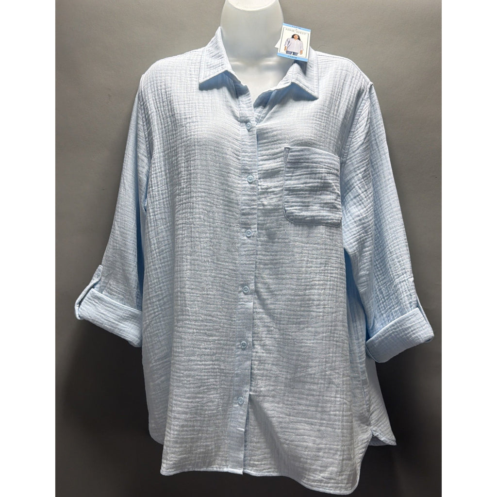 NWT NINE WEST Womens Large Ice Blue Gauze Long Sleeve Roll-Tab Cotton Shirt