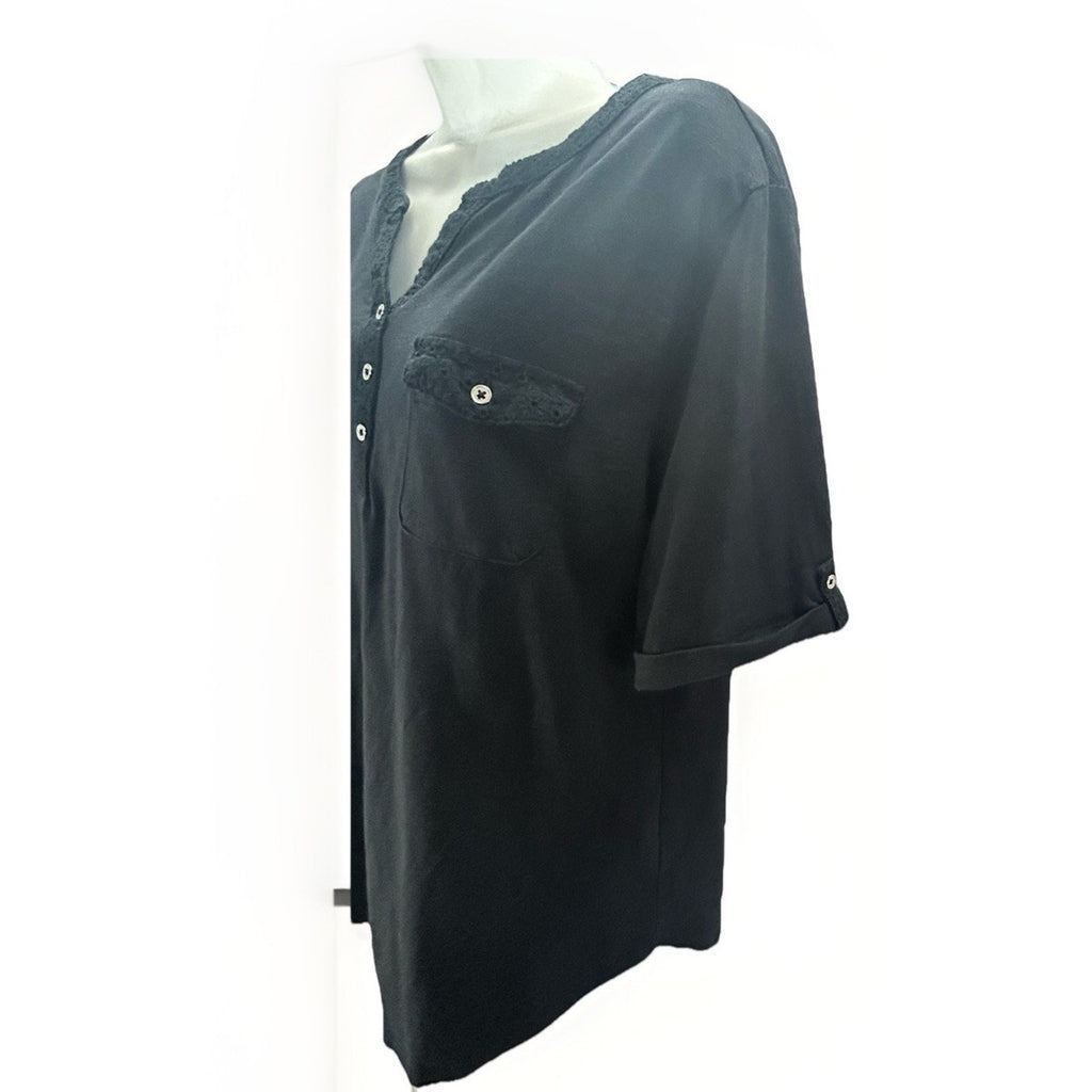 Women's Croft & Barrow Black Elbow Slv Curved Hem Split V-Neck Top XXL