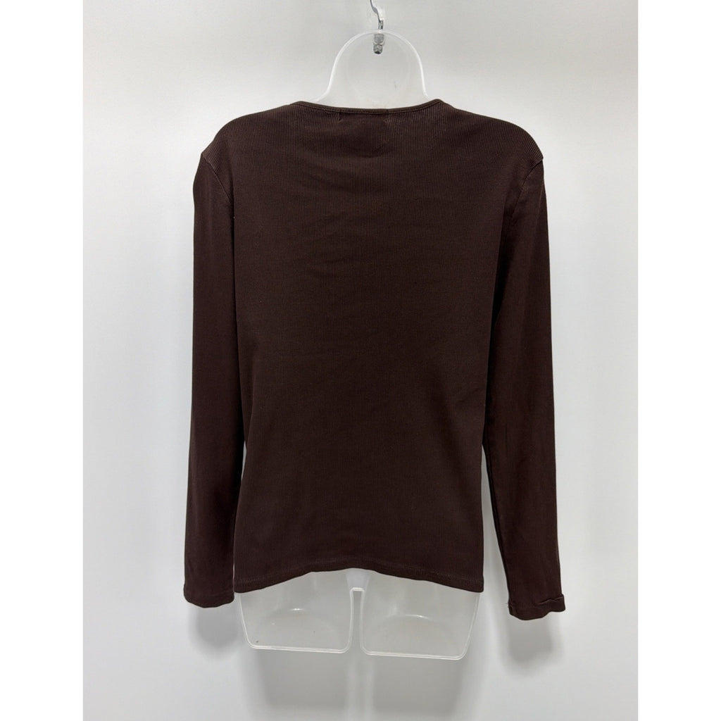 Ralph Lauren Brown Long Sleeve Leather Strap Shoulder Detail Ribbed Knit Top XL