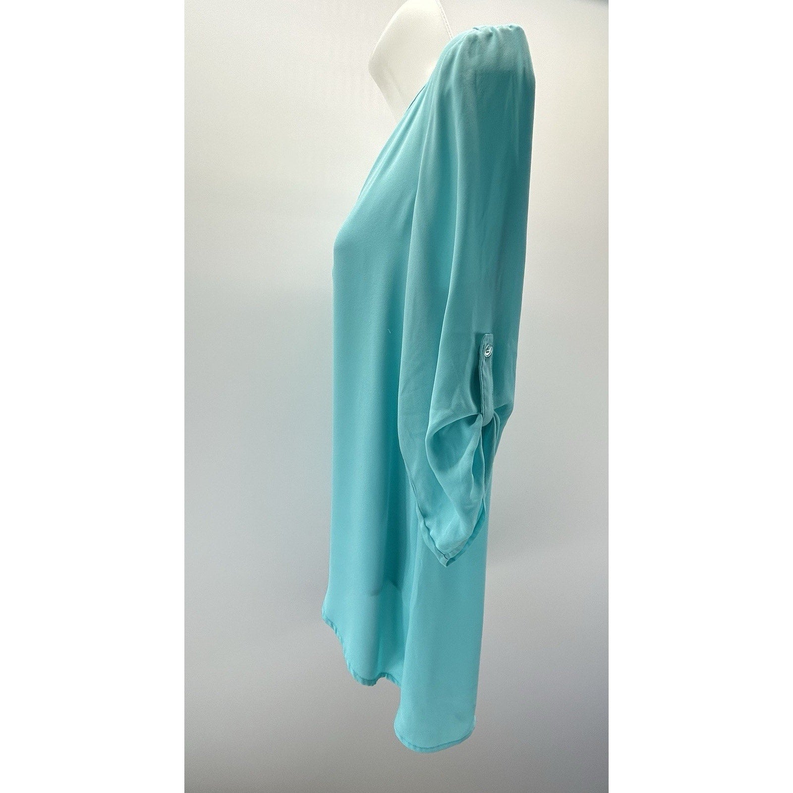 CHICO'S Size 0 Small Womens Teal Split Neck Long Sleeve Sheer Blouse .