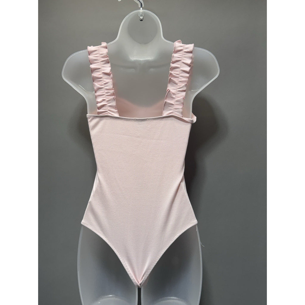 Blue Rain Pink Ribbed Ruffle Strap Bodysuit Women’s Large Sweetheart Neck NWT