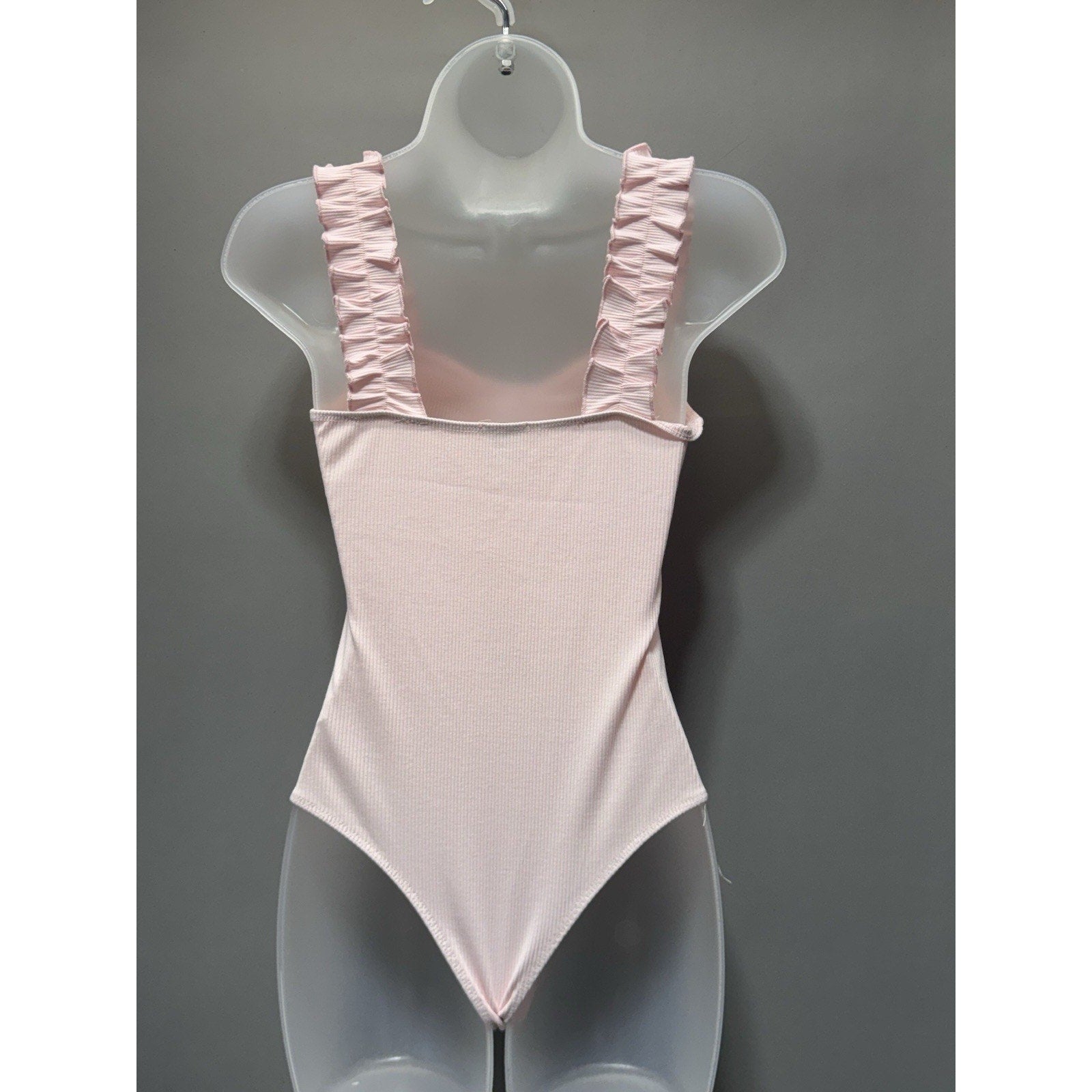 Blue Rain Pink Ribbed Ruffle Strap Bodysuit Women’s Large Sweetheart Neck NWT
