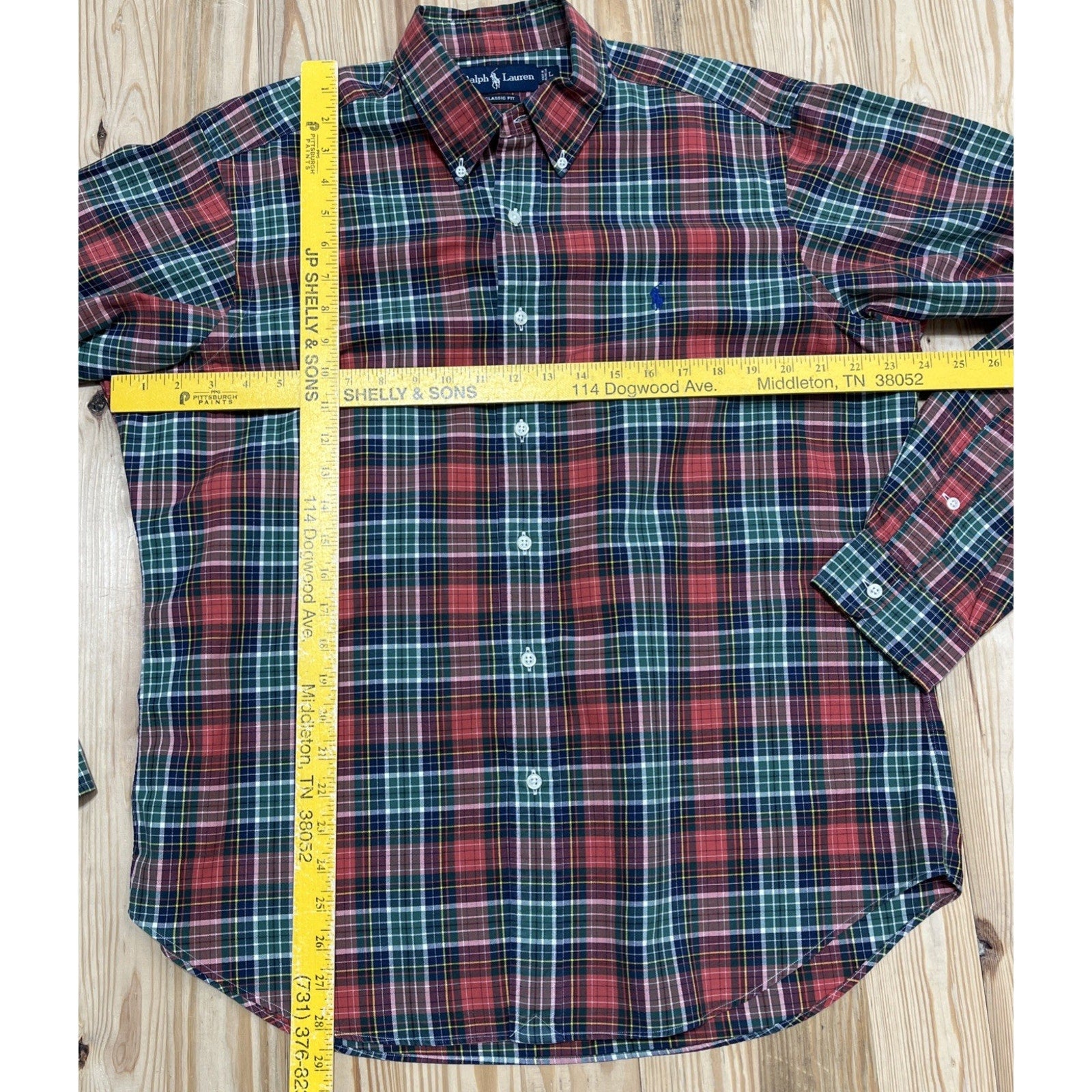 VINTAGE Ralph Lauren Men Button Up Shirt L Green Tartan Plaid Logo Classic Fit