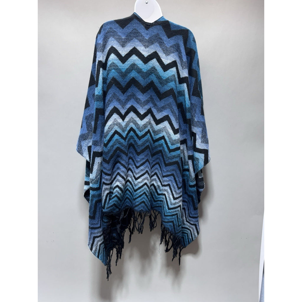 V Poncho Shawl Blue, black, White Chevron (zig-zag) Pattern One Size Fringe
