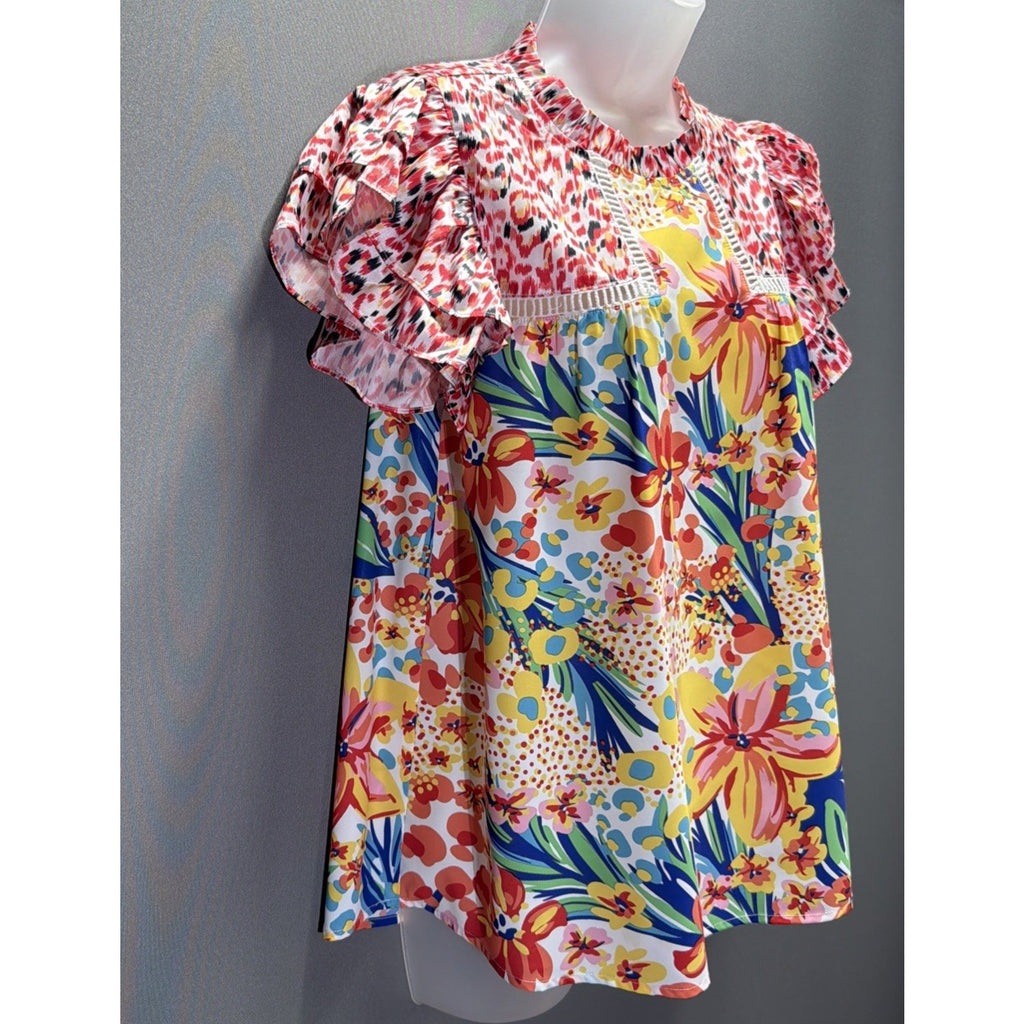JodiFL Floral Crotchet Ruffle Sleeve Blouse Top Sz Small