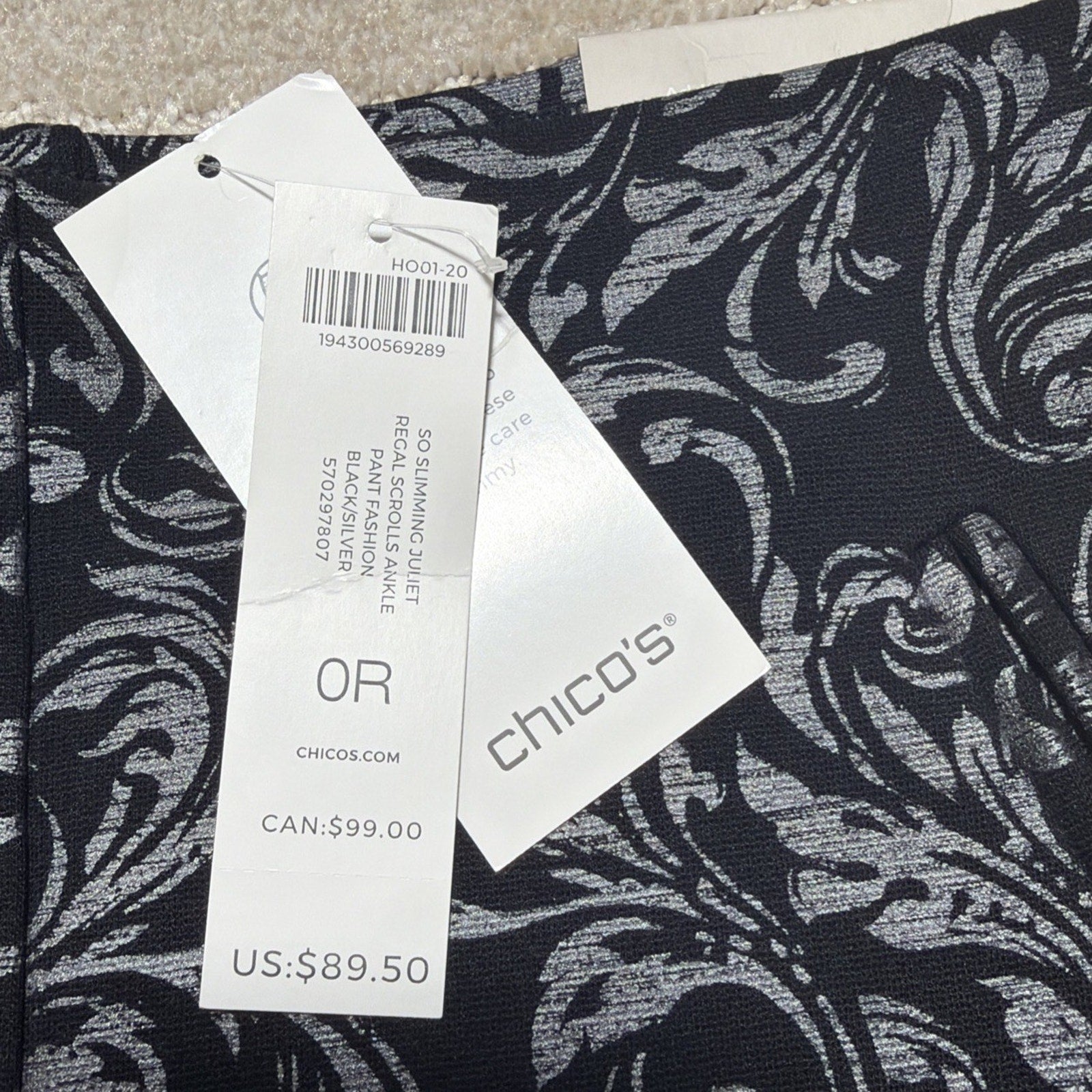 Chico's Women's So Slimming Petite Juliet Scroll-Print Ankle Pants Size 4 NWT