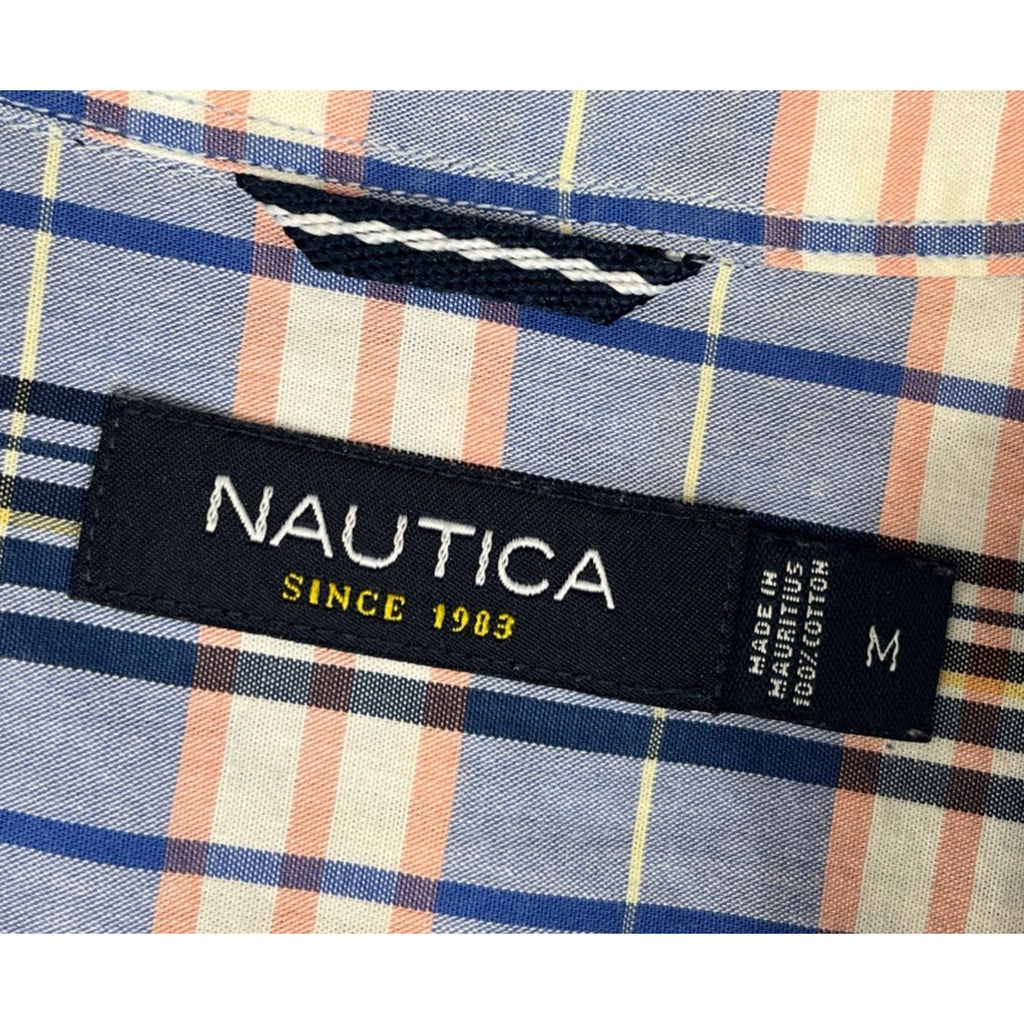 Nautica Button Up Shirt Men M Blue Check Long Sleeve Wrinkle Resistant
