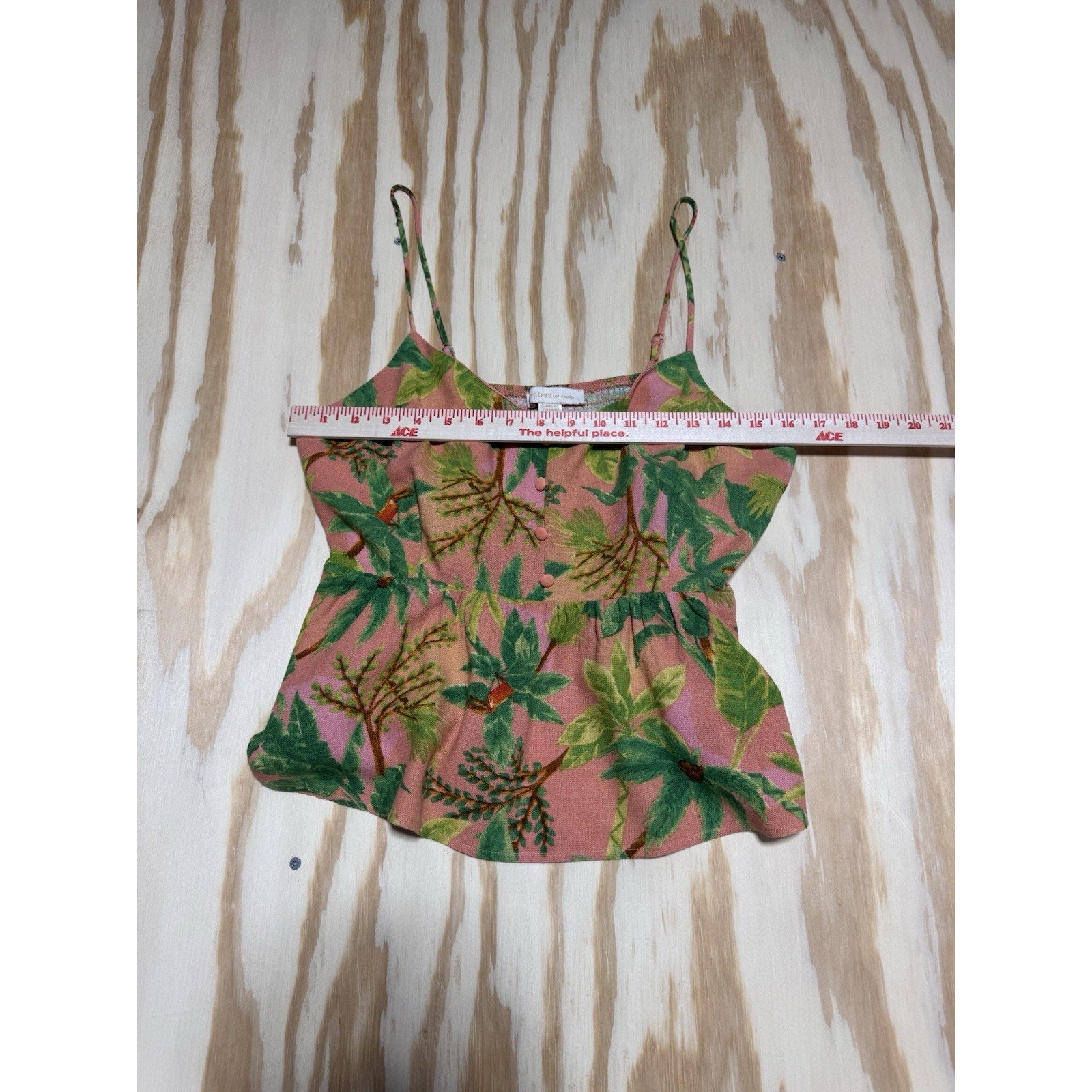 Tropical Peplum Cami Top Women’s XL Pink Green Button Front Rayon Linen Boho