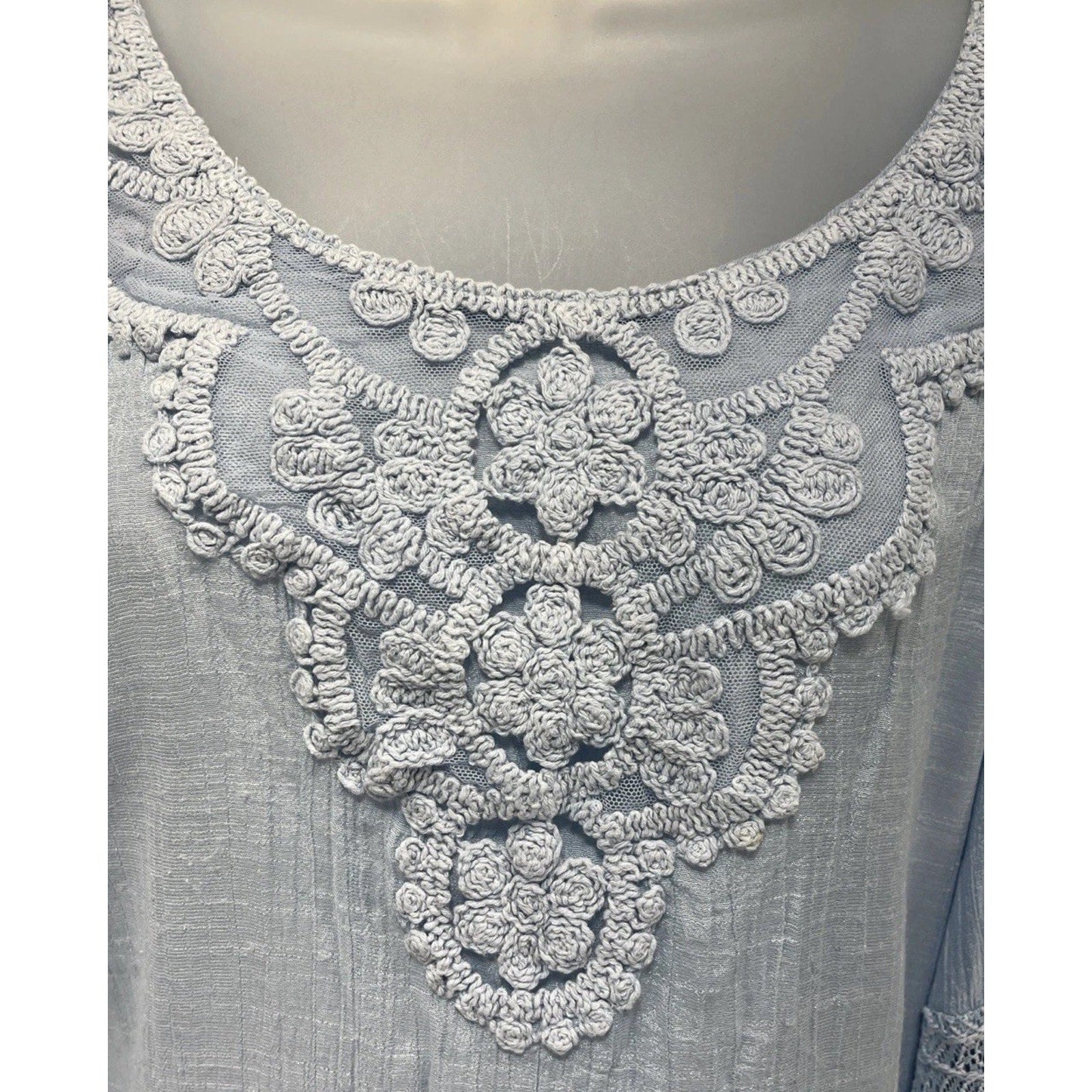 Indigo Rose M Blue Long Balloon Sleeve Crochet Lace Floral Embroidered Top