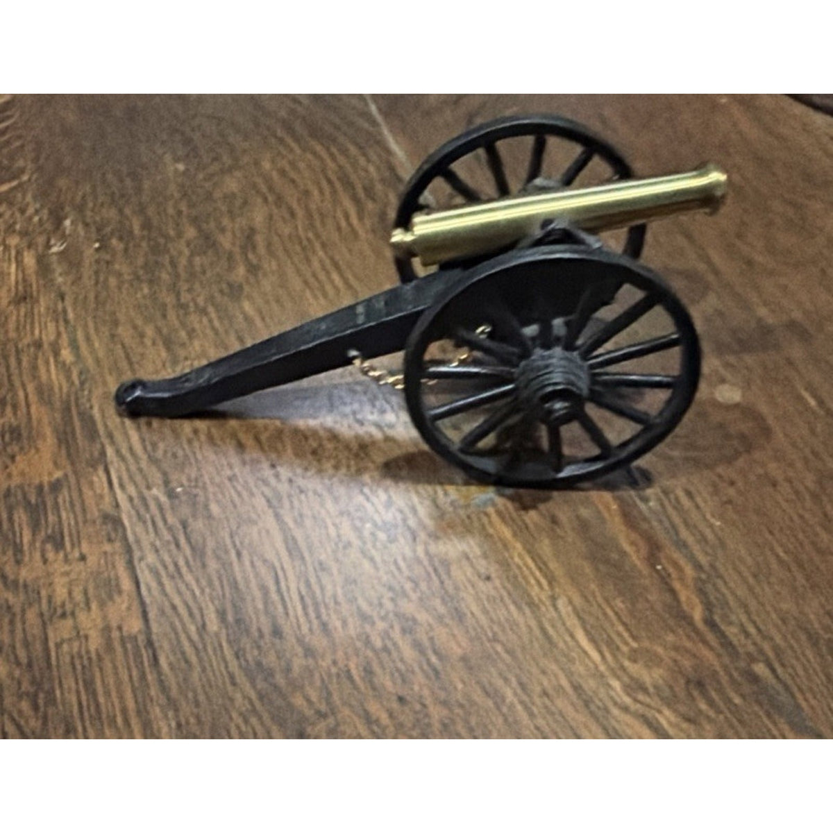 Miniature Cannon Brass Barrel Black Metal Carriage Spoked Wheels Military Decor