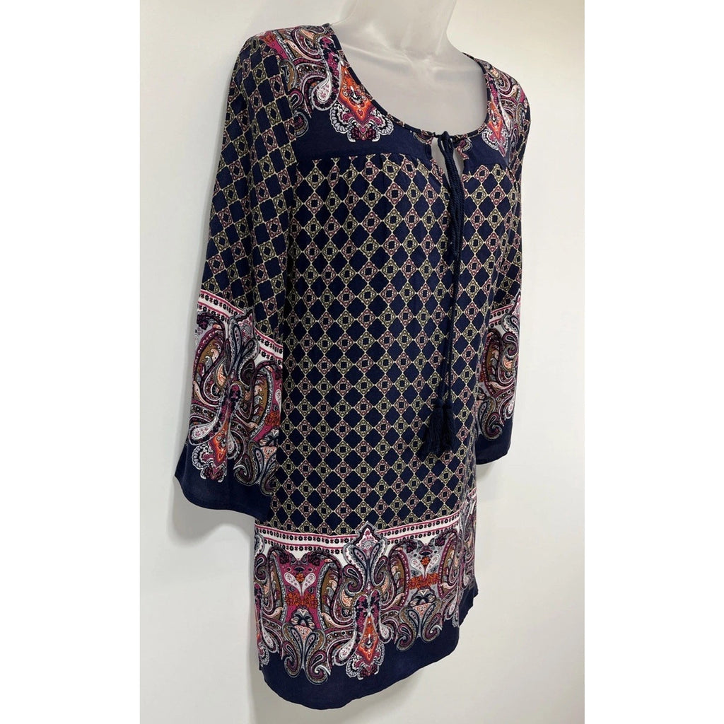 Blu Pepper Paisley Women's Dress Size S Lined navy blue keyhole sheath boho