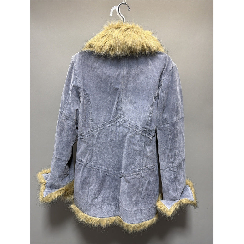 Vintage Outbrook Womens M Blue Genuine Leather Jacket Lined Faux Fur Collar