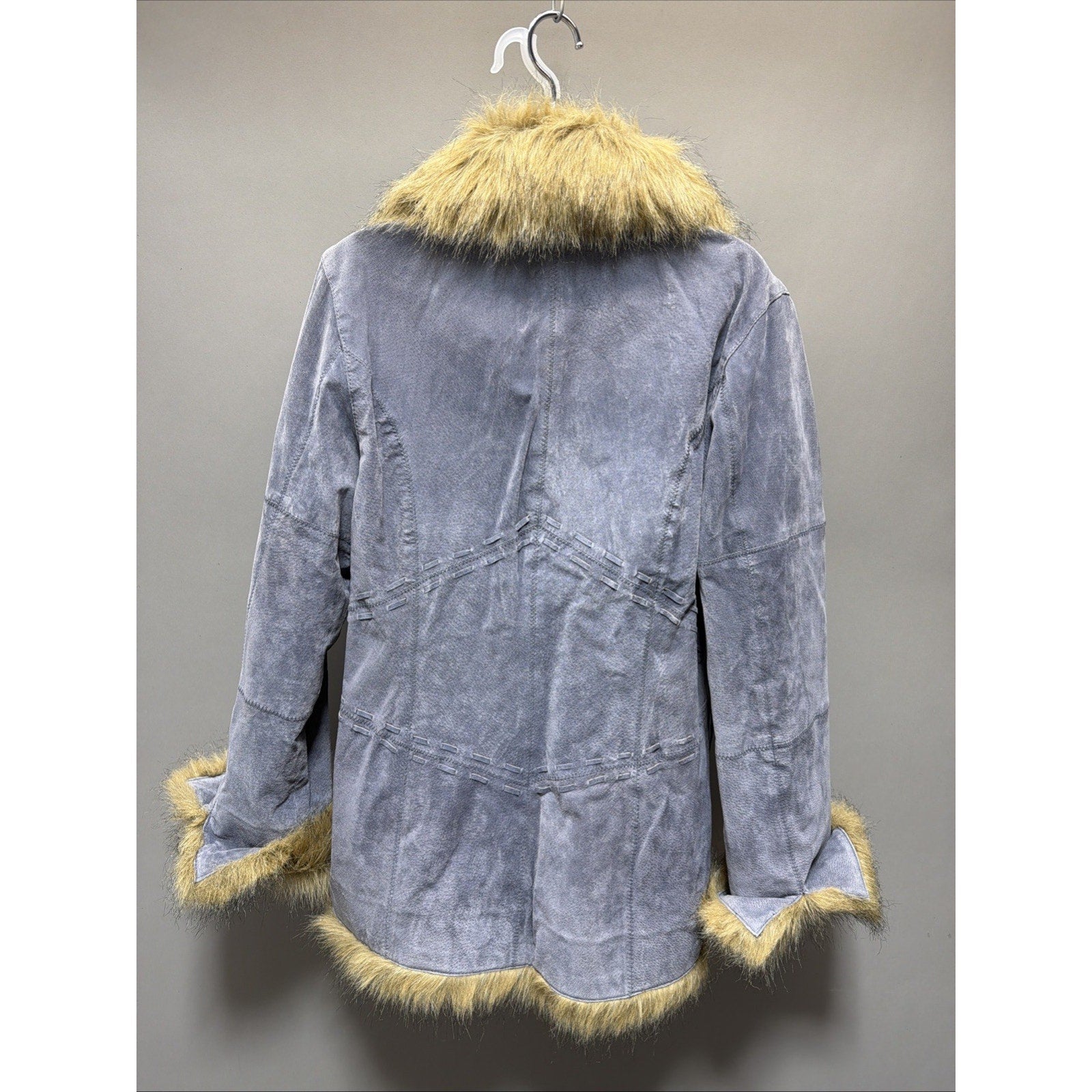 Vintage Outbrook Womens M Blue Genuine Leather Jacket Lined Faux Fur Collar