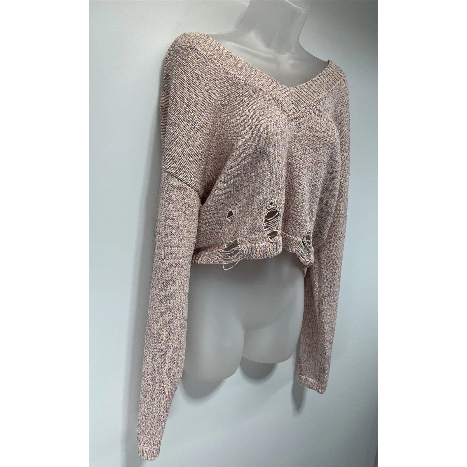 Lelis Womens Pullover Sweater Pink Long Sleeve Ribbed Knit Frayed Medium