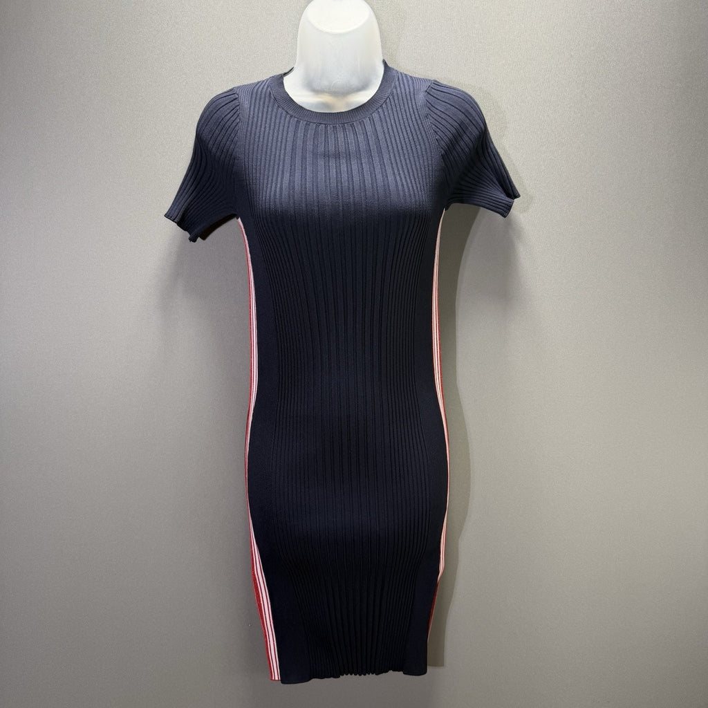 REO Womens Small NWT Navy Ribbed Knit Bodycon Dress Red White Side Stripe Mini