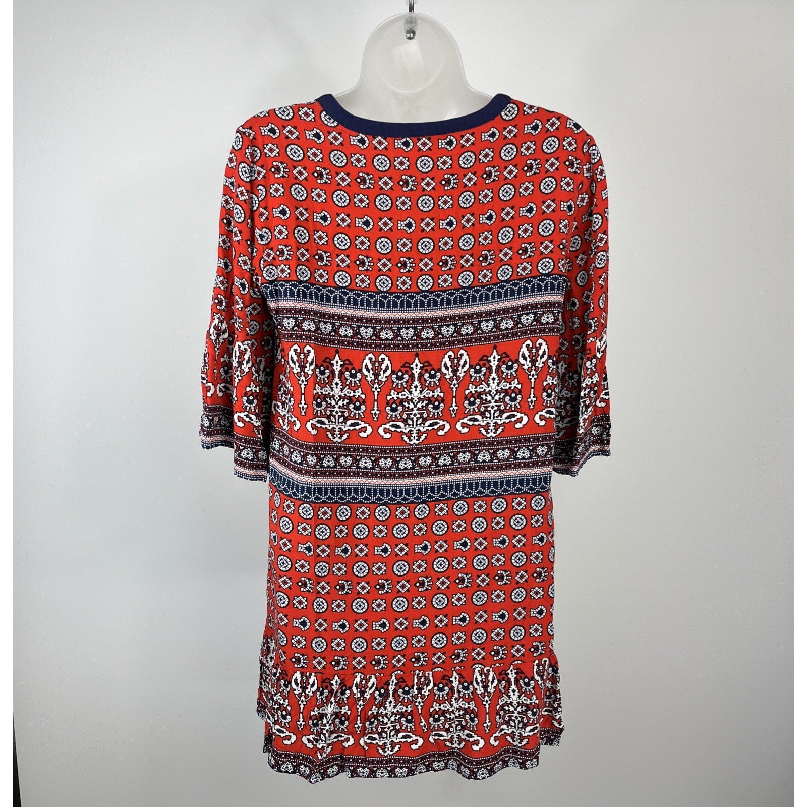 JOY JOY Womens V-NECK Geo Print Boho Dress STRETCH TUNIC 3/4 SLEEVES Medium