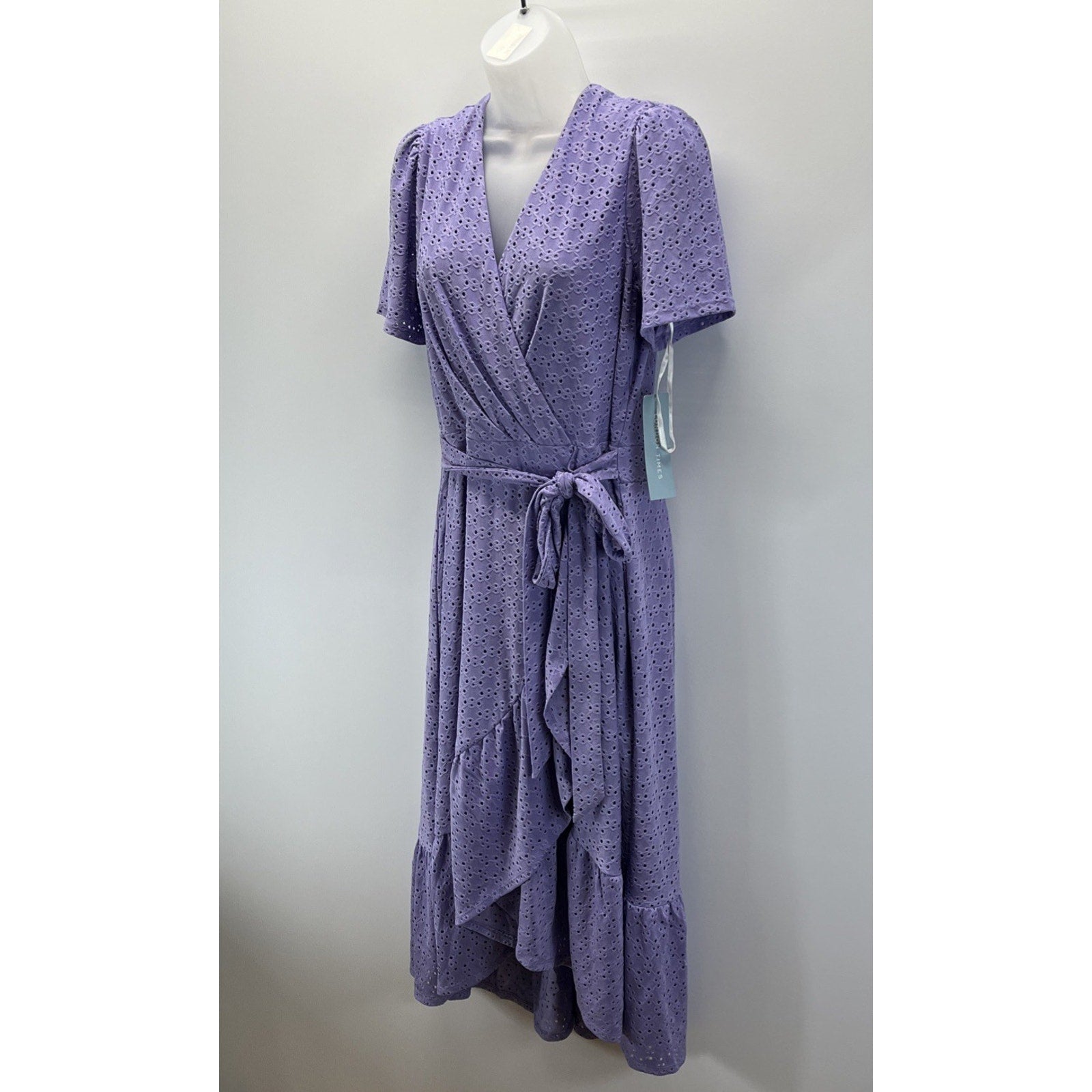 NWT London Times Women's Lined Short Sleeve Ruffle Wrap Dress, Violet Tulip 14