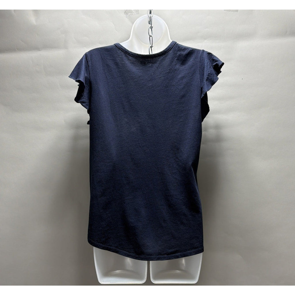 LOFT Navy Blue Flutter Sleeve V Neck 1/4 Button Blouse Size Medium