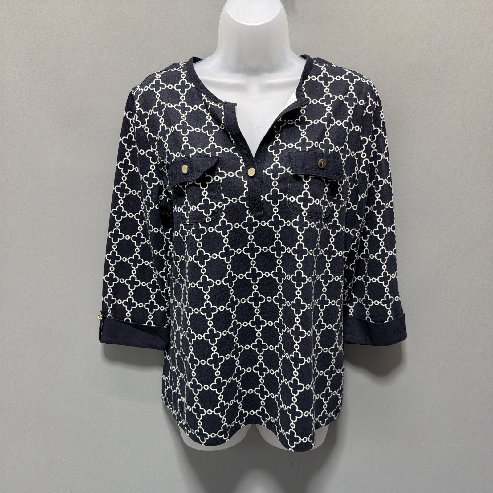Charter Club Luxury womens L black white diamond print pima cotton blouse