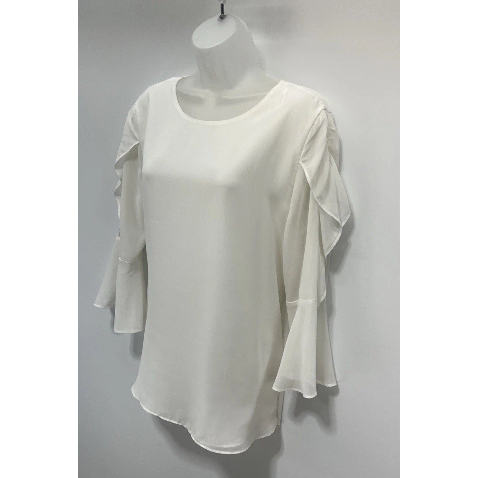 Calvin Klein White Ruffle Sleeve Lined Blouse EUC Size Large